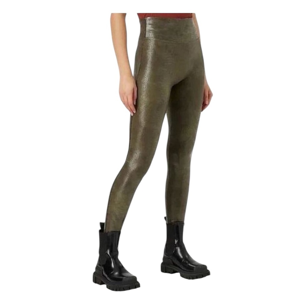 Spanx Faux Leather Croc Shine Leggings in Darkened Olive Green Size Medium